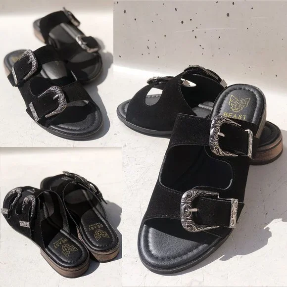 NEW Black Faux Suede Western Metal Buckled Straps Slides Slip On Sandals Shoes - Picture 9 of 12